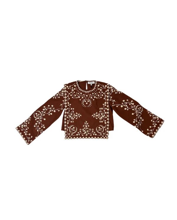 TOP FRANCES L/SLV FLORAL EMBROIDERY BROWN 2