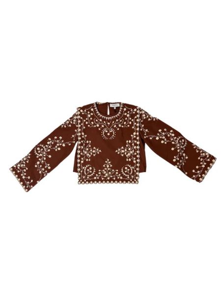 TOP FRANCES L/SLV FLORAL EMBROIDERY MARRON