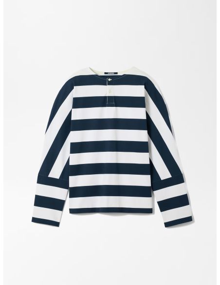 LE TSHIRT À MANCHES LONGUES MARINIÈRE IMPRIMÉ RAYURES VERTICALES BLEU MARINE / BLANC